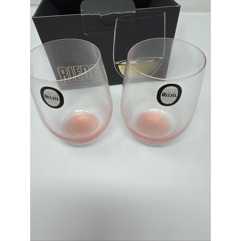 Riedel Wine "O" Wine Glass Chardonnay Viognier‎ 2 PINK Glasses New Breast Cancer